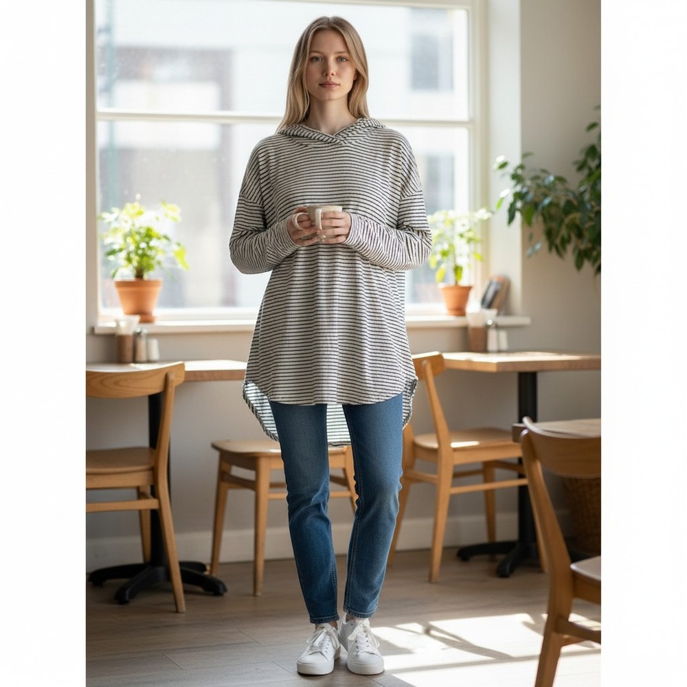 Anthropologie Daily Ritual sz XL viscose white w/ black stripe hoodie GG